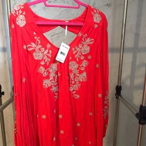 Free People Red Embroidered Long Sleeve Dress